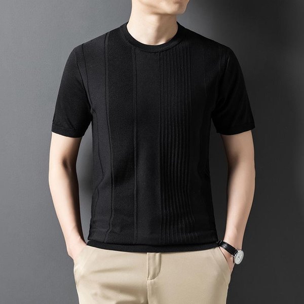 Camiseta De Punto BáSica Moda Primavera Y Verano VersióN Coreana Lino Helado Holgada EláStica Cuello Redondo Camiseta Para Hombres JóVenes Y De Mediana Edad Xxxl-image