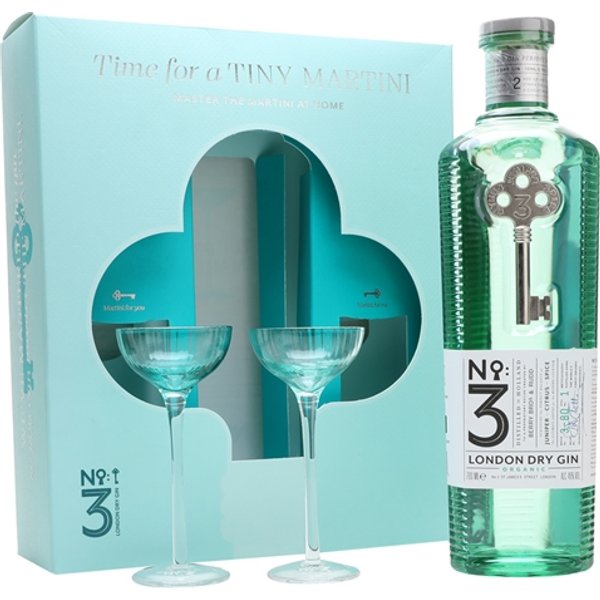 No.3 Organic London Dry Gin and Two Martini Glasses Gift Set