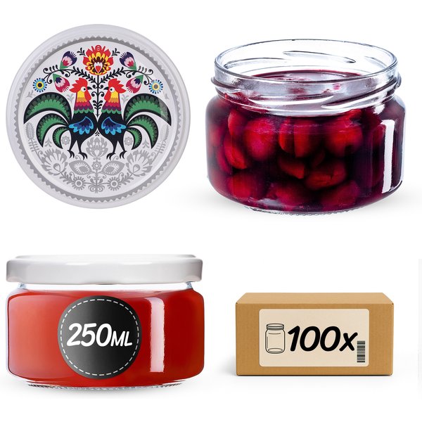 Słoiki na przetwory Denia 250ml 100szt fi 82 mm + wieczko "Kogut"