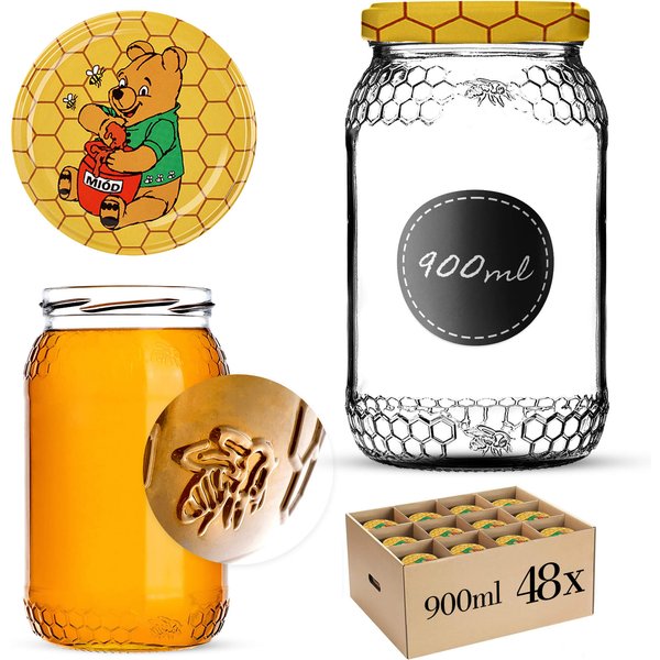 Szklany słój Lierde 900ml fi 82 mm 48 szt. + wieczka "Miód"