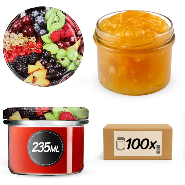 Słoiki na przetwory Tartu 235ml 100szt fi 82 mm + wieczka "Mix Owoców"