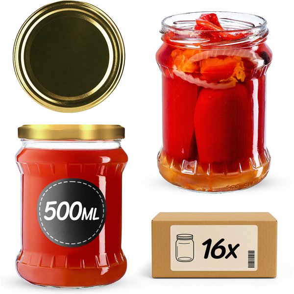 Słoiki na przetwory Kisko 500ml 16szt fi 82 mm + wieczka złote