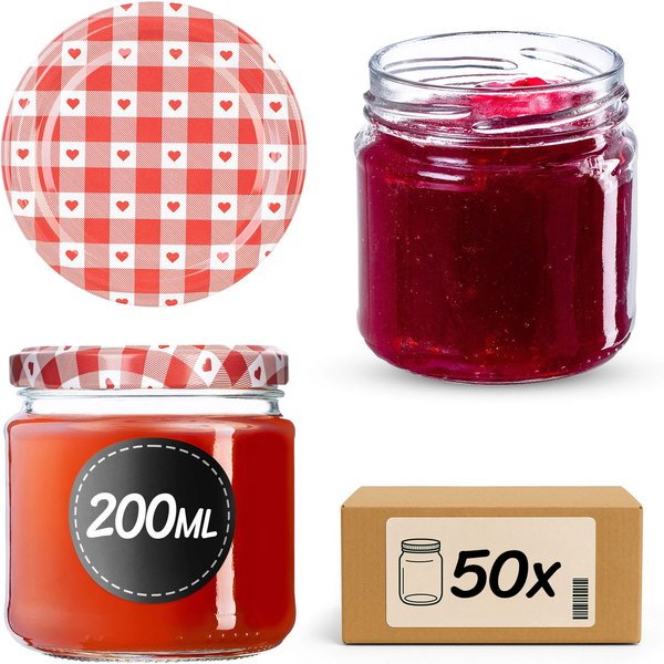 Słoiki na przetwory Lerma 200ml 50szt fi 66 mm + wieczka "Czerwona krata z sercami"