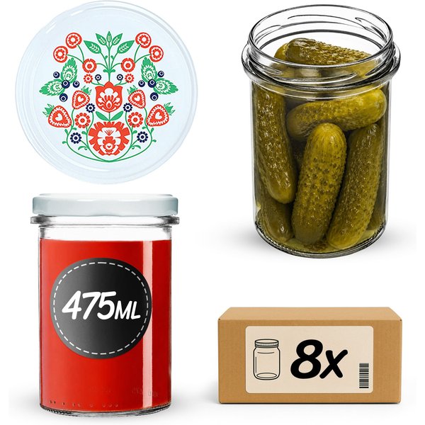 Słoiki na przetwory Befa 475ml 8szt fi 82 mm + wieczka "Folklor"