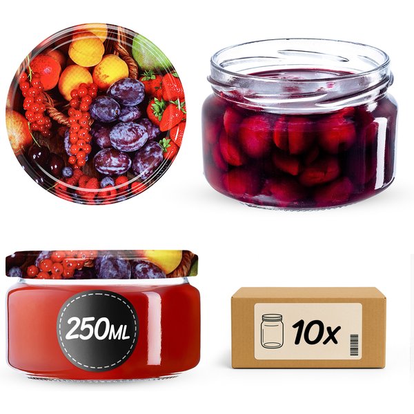 Słoiki na przetwory Denia 250ml 10szt fi 82 mm + wieczko "Mix Owoców"