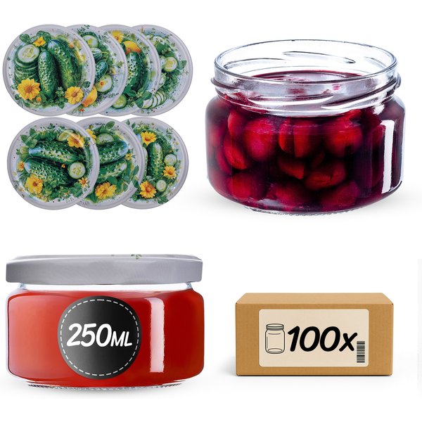 Słoiki na przetwory Denia 250ml 100szt fi 82 mm + wieczko "Ogórki"
