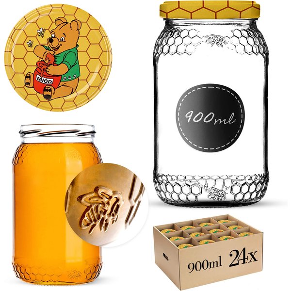 Szklany słój Lierde 900ml fi 82 mm 24 szt. + wieczka "Miód"