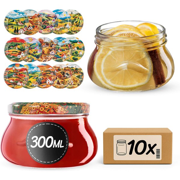 Słoiki na przetwory Raja 300ml 10szt fi 82 mm + wieczka "Wiejski pejzaż"