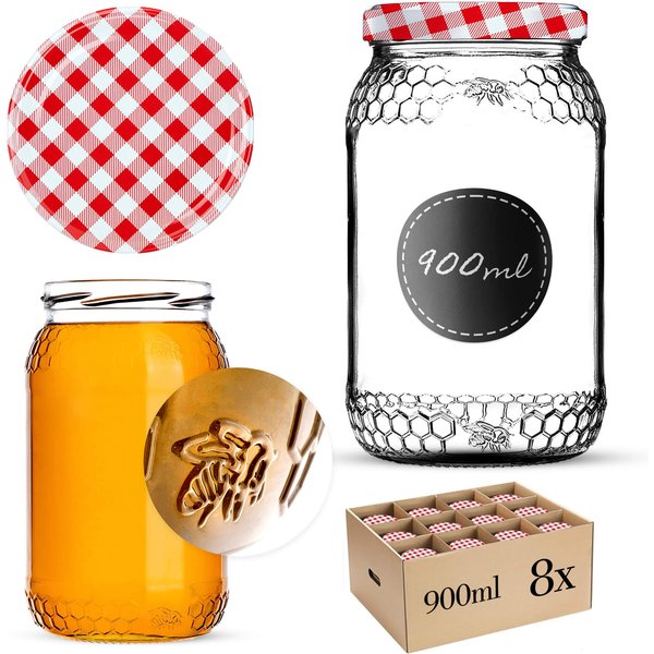 Szklany słój Lierde 900ml fi 82 mm 8 szt. + wieczka "Czerwona krata"