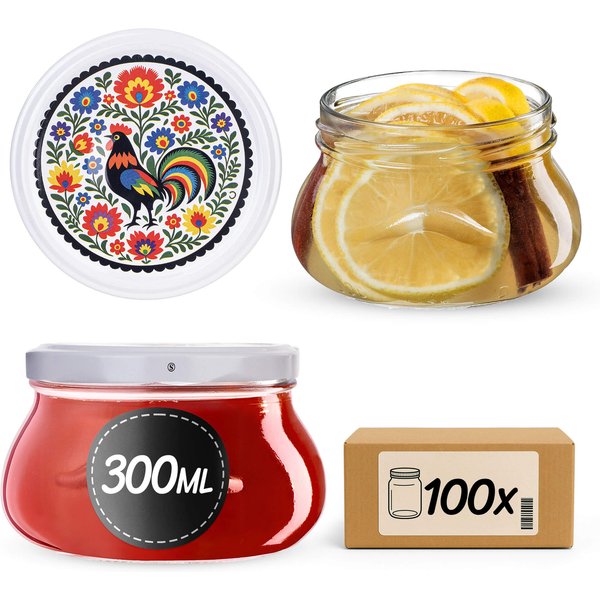 Słoiki na przetwory Raja 300ml 100szt fi 82 mm + wieczka "Kolorowy kogut"