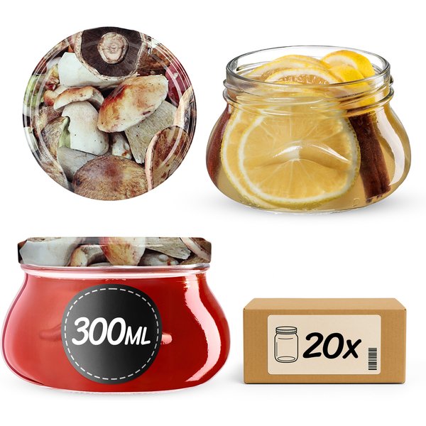 Słoiki na przetwory Raja 300ml 20szt fi 82 mm + wieczka "Grzyby"