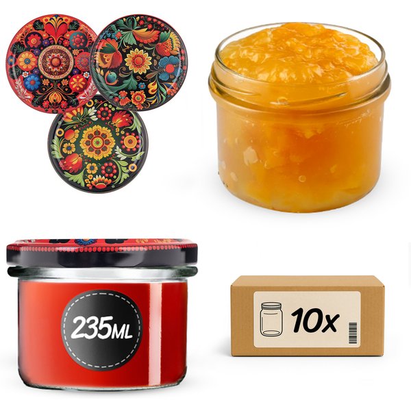 Słoiki na przetwory Tartu 235ml fi 82 mm 10szt + wieczko Haftowanka