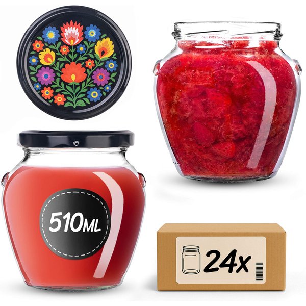 Słoiki na przetwory Sassa 580ml 24szt fi 82 mm + wieczka "Czarny folklor"