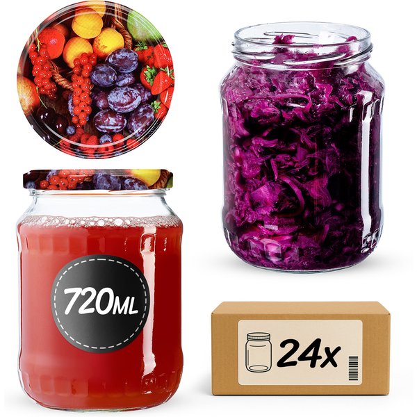 Słoiki na przetwory Jukka 720ml 24szt fi 82 mm + wieczka "Owoce"