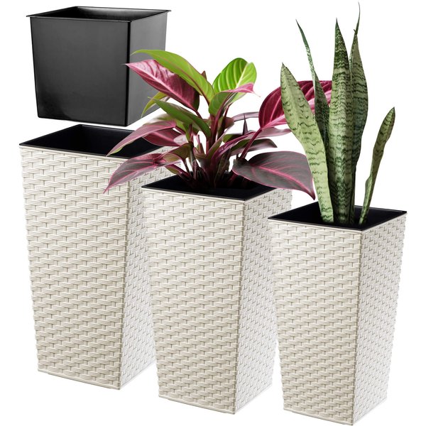 Donice na kwiaty z wkładem Pesaro rattan 30 cm + 35 cm + 40 cm, kremowe