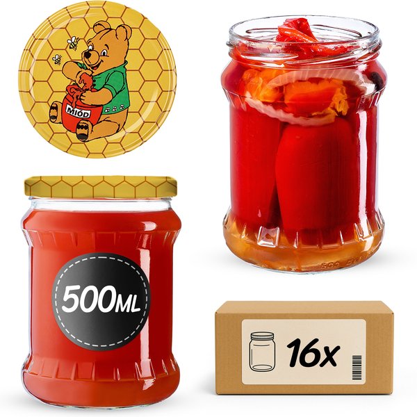 Słoiki na przetwory Kisko 500ml 16szt fi 82 mm + wieczka "Miód"