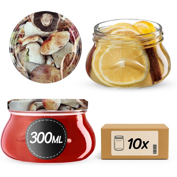 Słoiki na przetwory Raja 300ml 10szt fi 82 mm + wieczka "Grzyby"