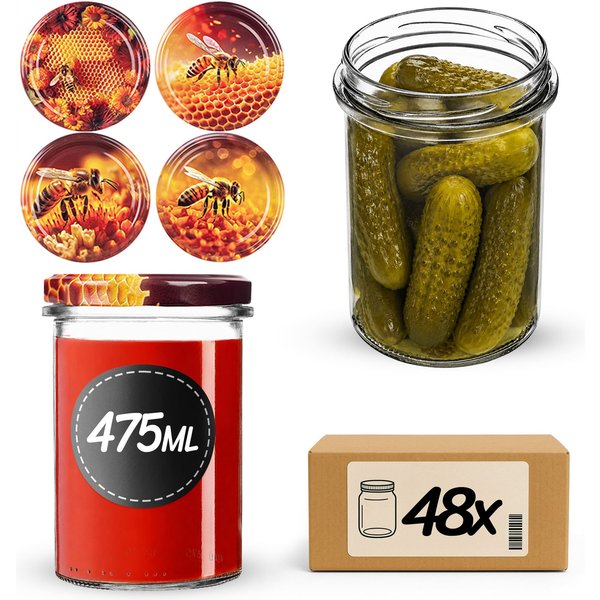 Słoiki na przetwory Befa 475ml 48szt fi 82 mm + wieczka "Mix pszczół"