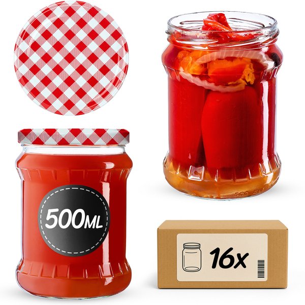 Słoiki na przetwory Kisko 500ml 16szt fi 82 mm + wieczka "Czerwona Krata"