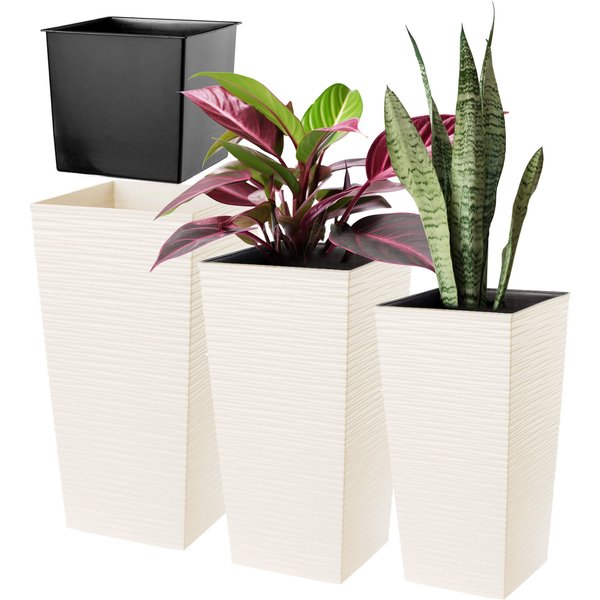 Donice na kwiaty z wkładem Tuluza dłuto 19 cm + 25 cm + 30 cm, kremowe