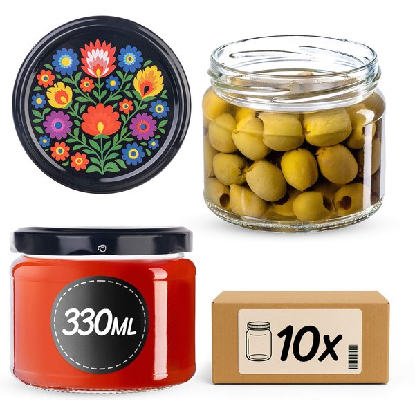 Słoiki na przetwory Sonka 330ml 10szt fi 82 mm + wieczka "Czarny folklor"
