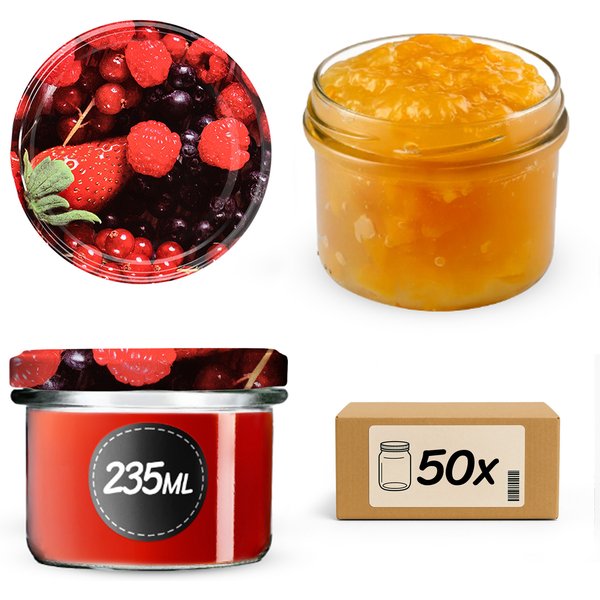 Słoiki na przetwory Tartu 235ml 50szt fi 82 mm + wieczka "Owoce leśne"