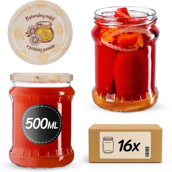 Słoiki na przetwory Kisko 500ml fi 82 mm 16szt + wieczko Miód z pasieki