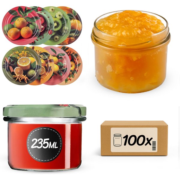 Słoiki na przetwory Tartu 235ml fi 82 mm 100szt + wieczko Egzotyczne owoce