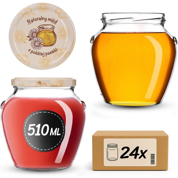 Słoiki na przetwory Sassa 580ml 24szt fi 82 mm + wieczka "Miód z pasieki"