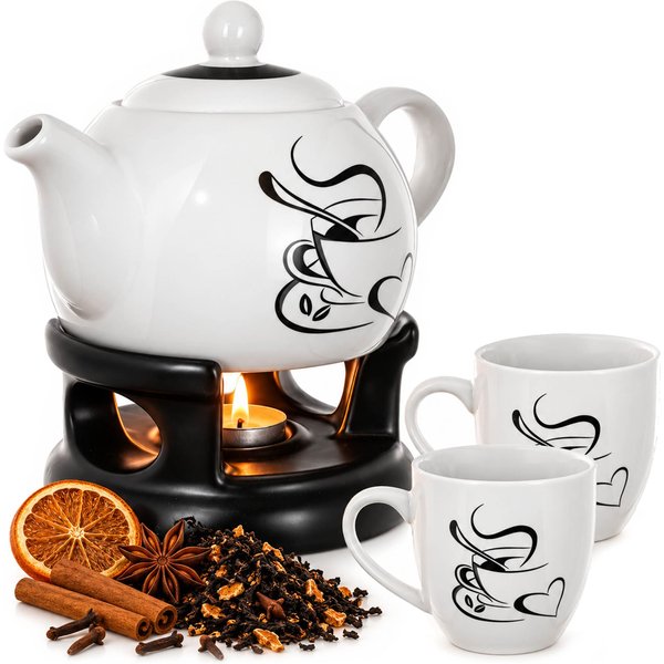 Dzbanek ceramiczny z podgrzewaczem Irais 1L + 2 kubki serce