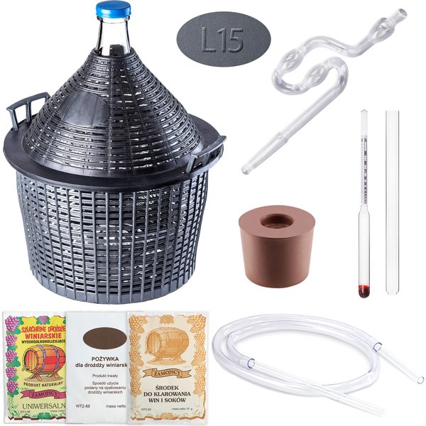 Zestaw winiarski balon 15L + korek nr.3 + plastikowa rurka + ściągacz + winiomierz + drożdże z pożywką + środek do klarowania