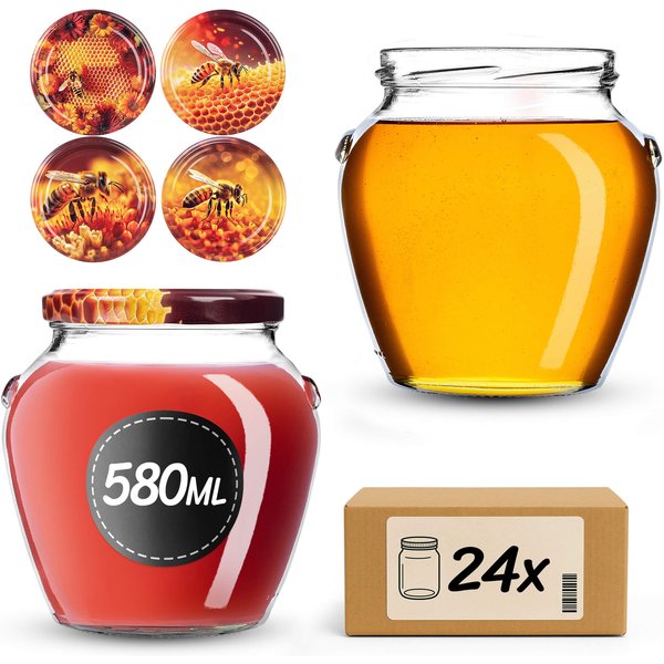 Słoiki na przetwory Sassa 580ml 24szt fi 82 mm + wieczka "Mix pszczół"