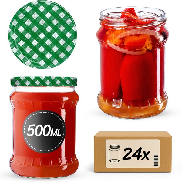 Słoiki na przetwory Kisko 500ml 24szt fi 82 mm + wieczka "Zielona Krata"