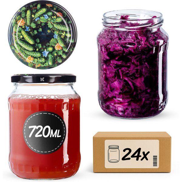 Słoiki na przetwory Jukka 720ml fi 82 mm 24szt + wieczko Ogórki czarne