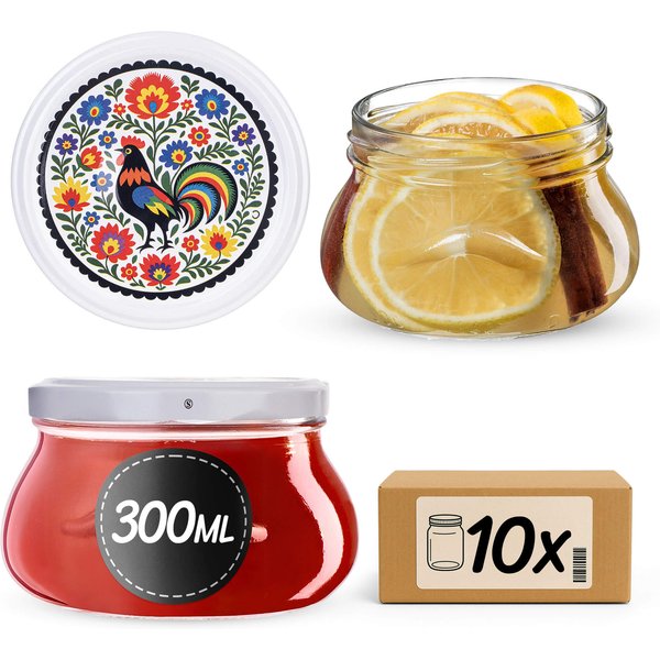 Słoiki na przetwory Raja 300ml 10szt fi 82 mm + wieczka "Kolorowy kogut"