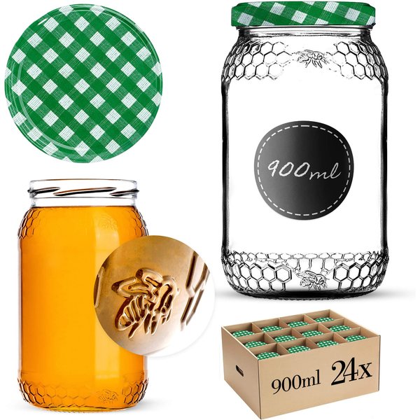 Szklany słój Lierde 900ml fi 82 mm 24 szt. + wieczka "Zielona krata"