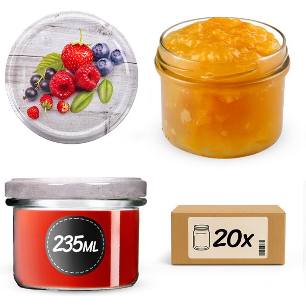 Słoiki na przetwory Tartu 235ml 20szt 82mm + wieczka "Truskawki"