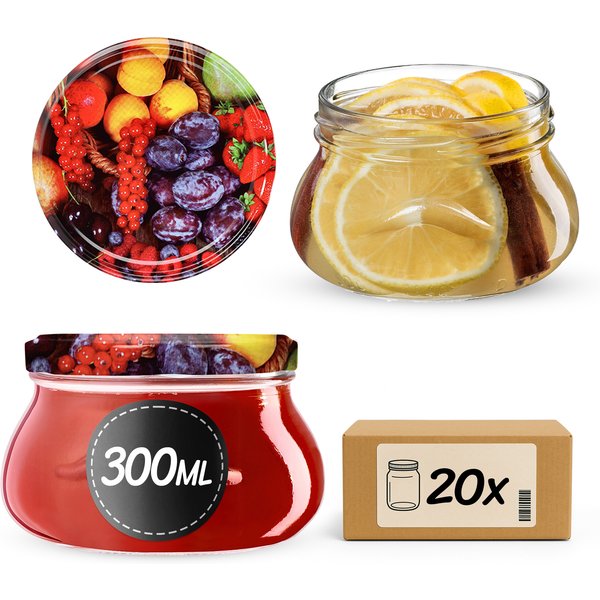 Słoiki na przetwory Raja 300ml 20szt fi 82 mm + wieczka "Mix owoców"