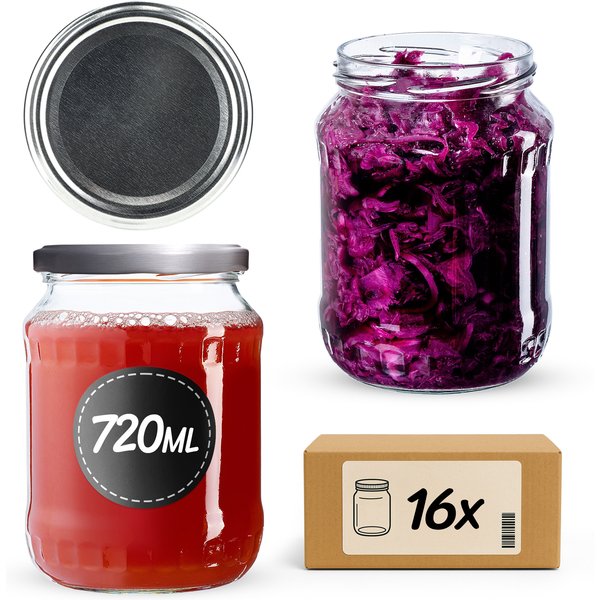 Słoiki na przetwory Jukka 720ml 16szt fi 82 mm + wieczka srebrne