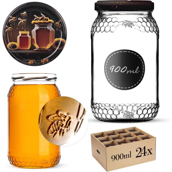 Szklany słój Lierde 900ml fi 82 mm 24 szt. + wieczka "Miód czarny"