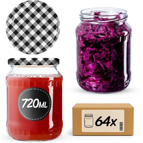 Słoiki na przetwory Jukka 720ml 64szt fi 82 mm + wieczka "Czarna krata"