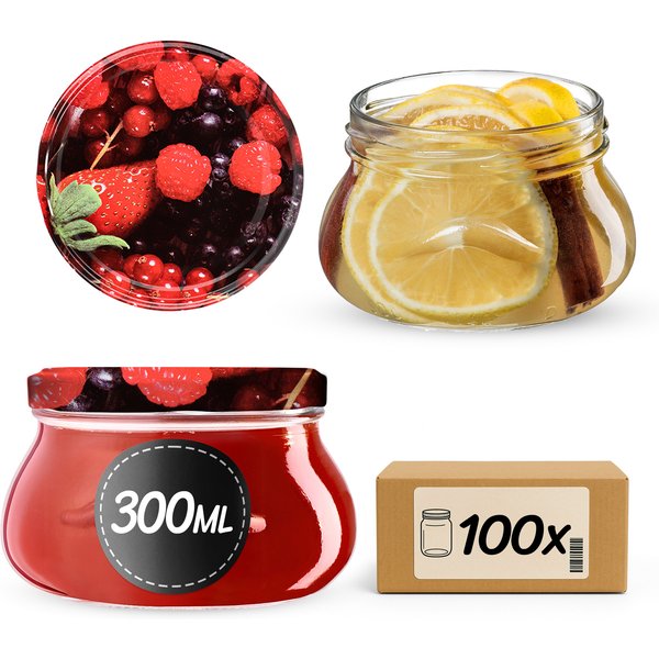 Słoiki na przetwory Raja 300ml 100szt fi 82 mm + wieczka "Owoce leśne"