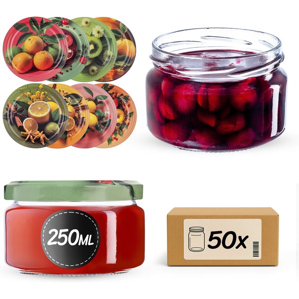 Słoiki na przetwory Denia 250ml 50szt fi 82 mm + wieczko "Owoce egzotyczne"