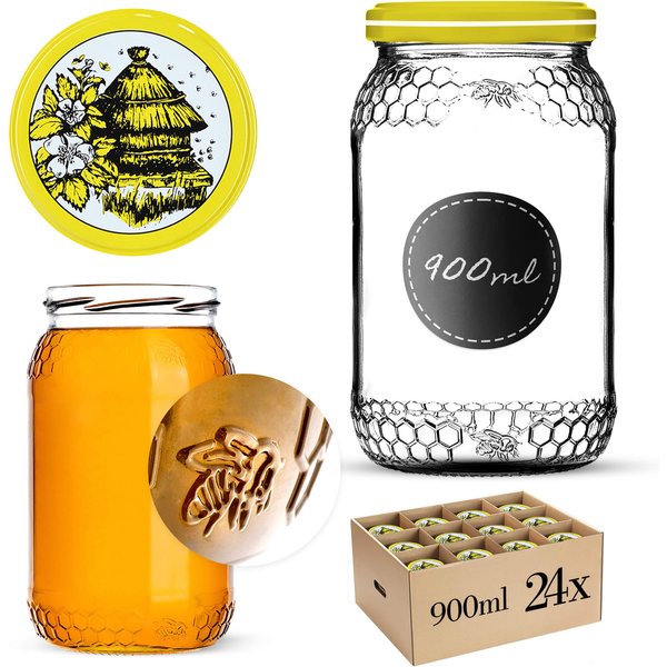 Szklany słój Lierde 900ml fi 82 mm 24 szt. + wieczka "Pszczoły"