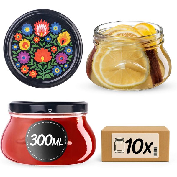 Słoiki na przetwory Raja 300ml 10szt fi 82 mm + wieczka "Czarny folklor"