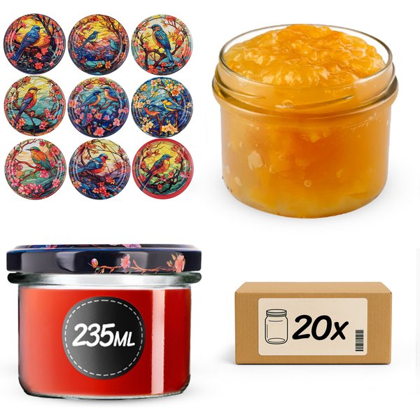 Słoiki na przetwory Tartu 235ml fi 82 mm 20szt + wieczko Ptaki