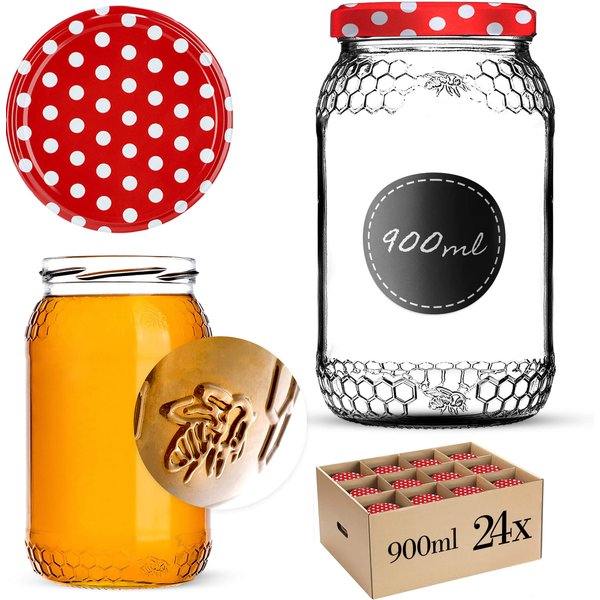 Szklany słój Lierde 900ml fi 82 mm 24 szt. + wieczka "Czerwony groszek"