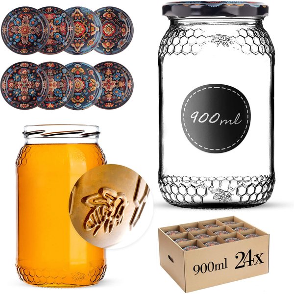 Szklany słój Lierde 900ml fi 82 mm 24 szt. + wieczka "Haft"