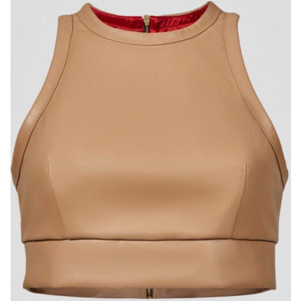 Beige eco-leather crop top
