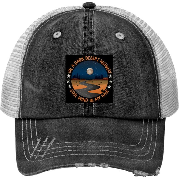 On A Dark Desert Highway, Desert Adventure Night Spare Tire Cover Print Trucker Hats-image